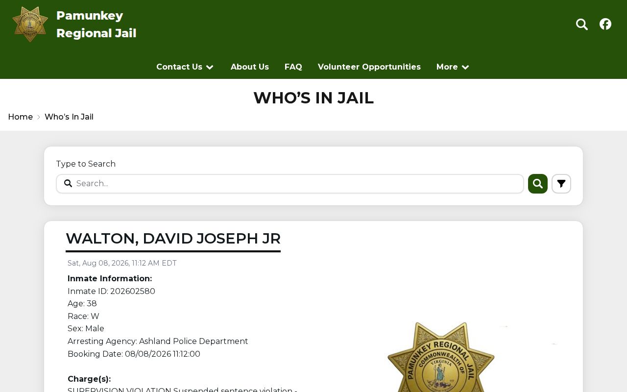 Goochland County Pamunkey roster showing current custody rather than 72-hour releases