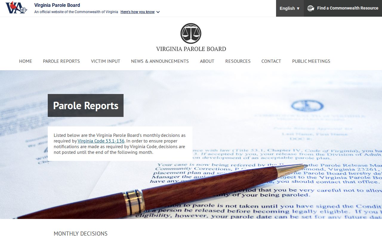 Virginia Parole Board monthly decision reports used for Goochland County parole verification
