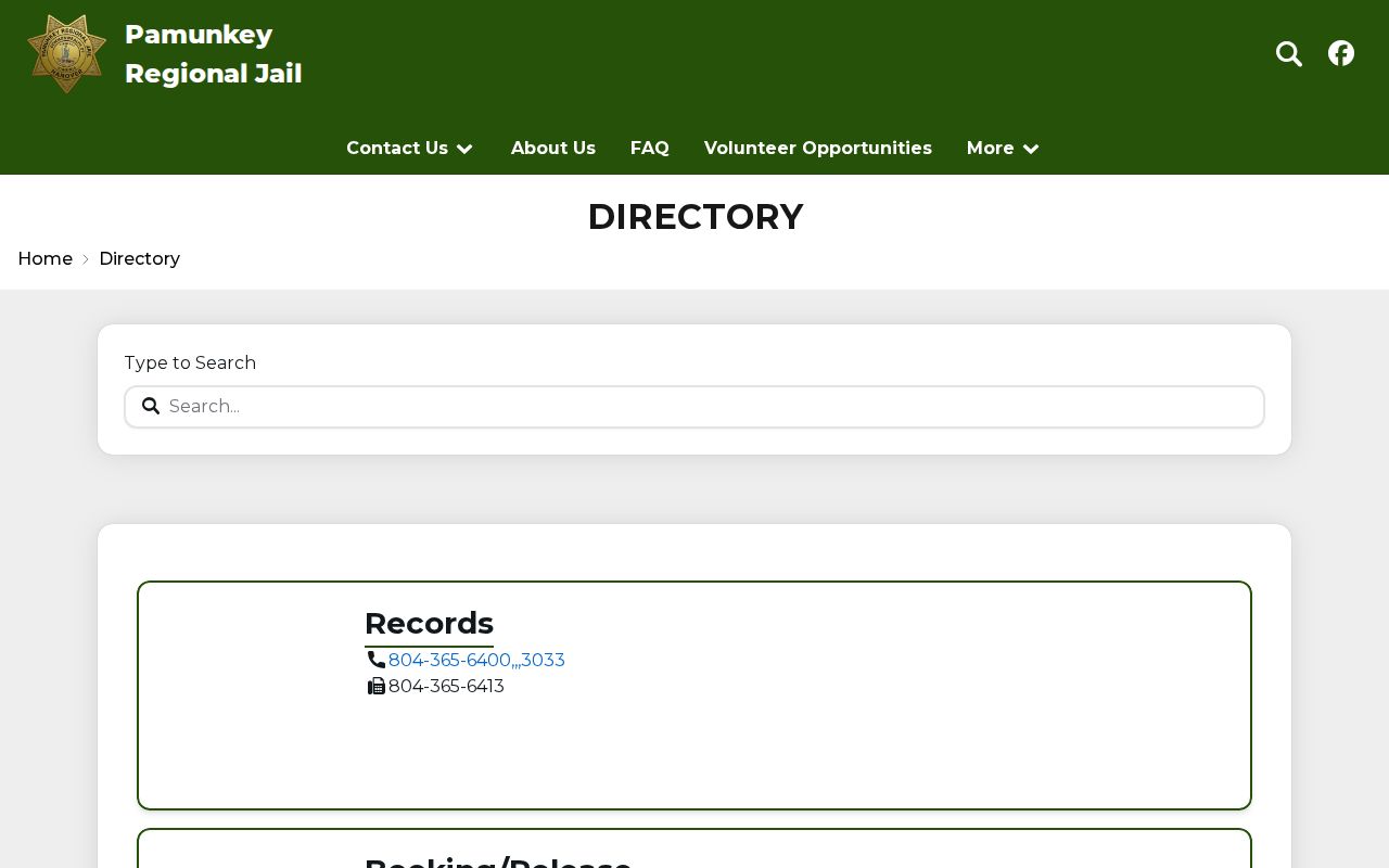 Goochland County release record contacts in the Pamunkey jail directory