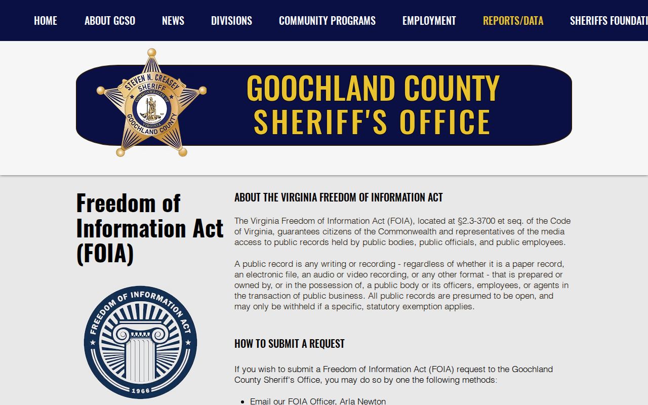 Goochland County Sheriff booking photo public records request methods